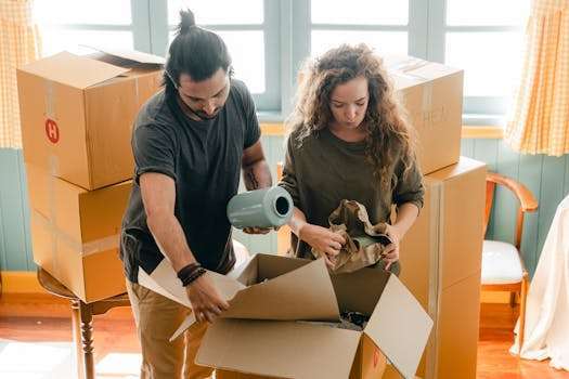 A couple unpacking cardboard boxes in a sunny apartment, creating a sense of new beginnings and homeliness.